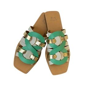 Marc Fisher LTD Womens Kimiko White/Gold/Green Flat Strappy Slide Sandals Sz 7.5